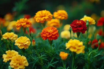 Obraz premium A bed of vibrant marigolds, with their bright orange and yellow petals standing out against green foliage