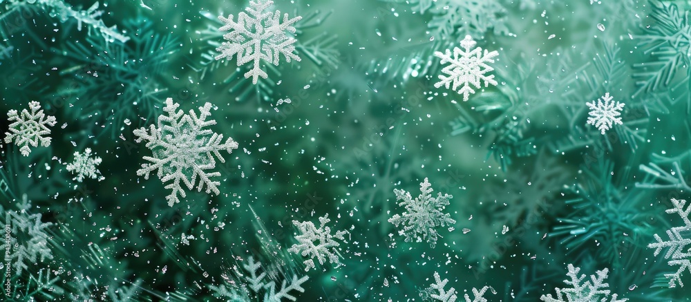 Aufkleber numerous gorgeous snowflakes set against a green backdrop in a copy space image