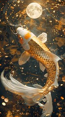 Obraz premium Golden glitter koi fish in pond poster background