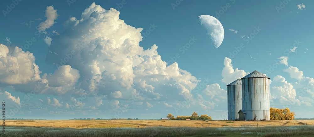 Poster a rural setting featuring four silos a pasture a blue sky with clouds and a moon with available copy