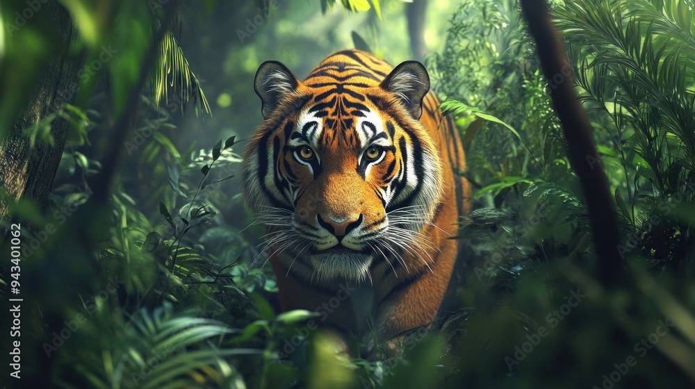 Poster Tiger Stalking in Lush Jungle