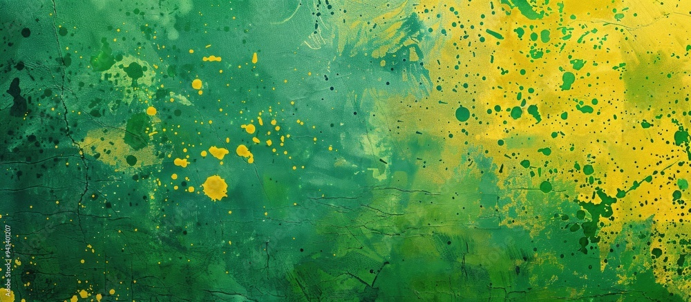 Poster Colorful green and yellow stains on retro paper with a splatter pattern creating a vibrant backdrop for a copy space image