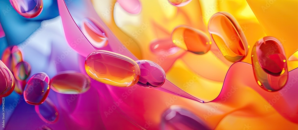 Poster Brightly colored paper background with amino acids capsules close up with soft focus enhancing the copy space image
