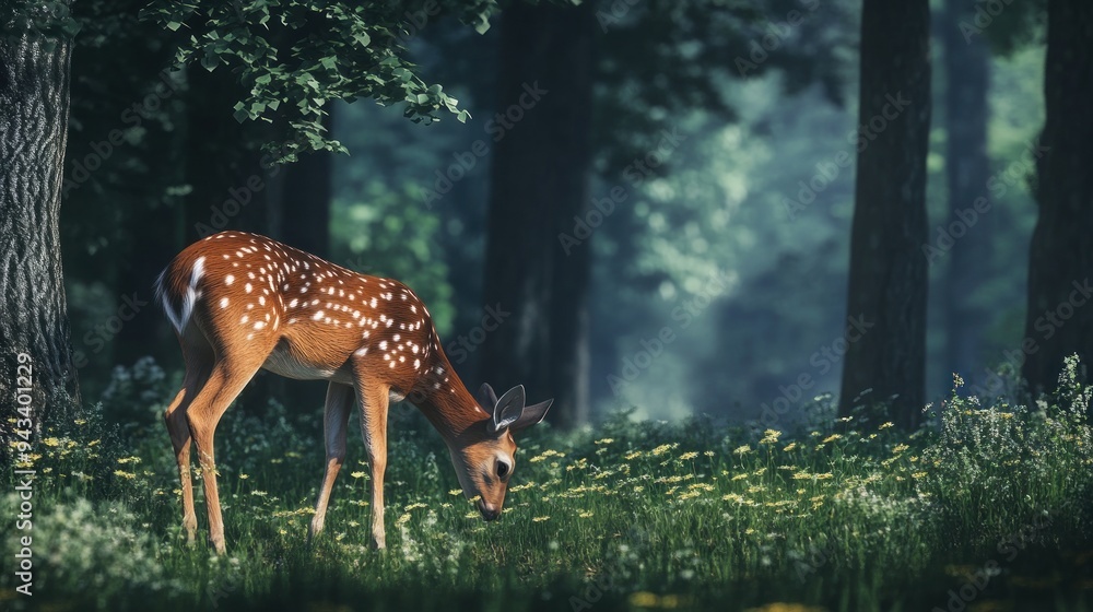 Wall mural Fawn in a Misty Forest