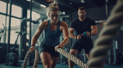 A determined woman trains with battle ropes alongside a focused man in a gym during a fitness session