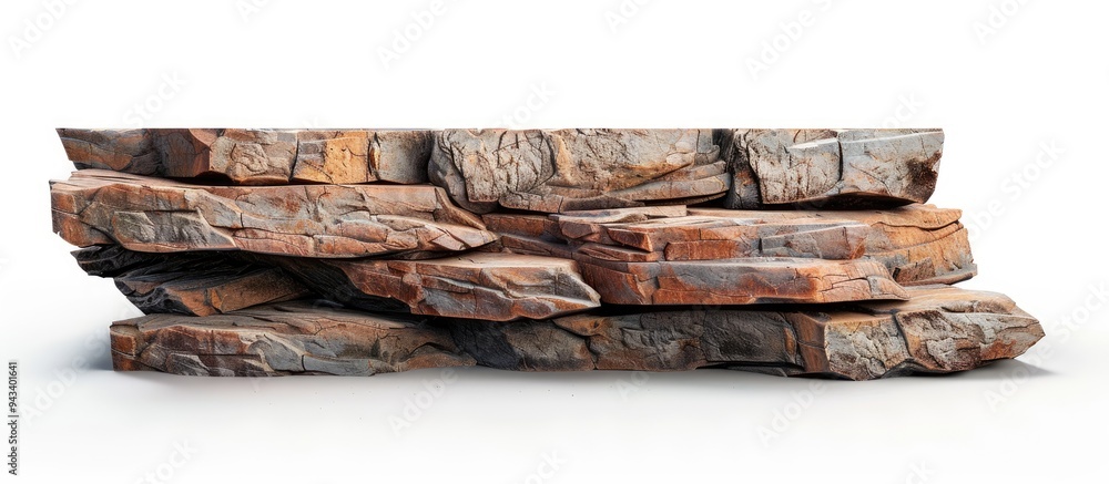 Poster A podium made of brown cliff rock stone is showcased on a white background providing a clear area for text with clipping paths in place for easy editing. Creative banner. Copyspace image