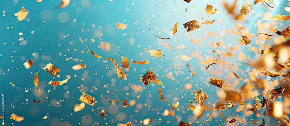 Leinwandbilder top view of golden confetti on a colorful background with copy space image