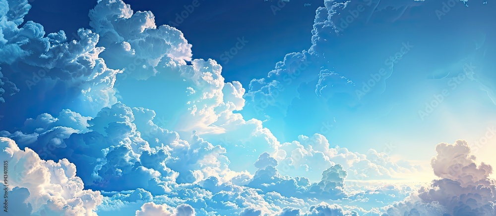 Wall mural Sunny blue sky with fluffy white clouds creates a picturesque background with room for text near the sunny cumulus clouds. Creative banner. Copyspace image