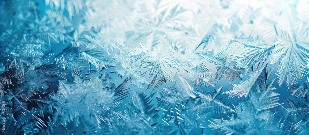 Poster blue ice winter background with a frozen pattern on a window creating a textured blue wallpaper imag