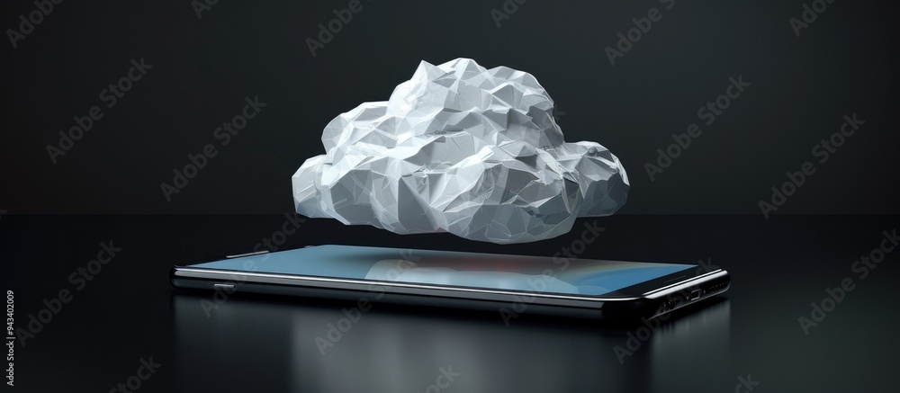 Poster Smartphone with a paper cloud on a dark backdrop symbolizing cloud computing featuring copy space image
