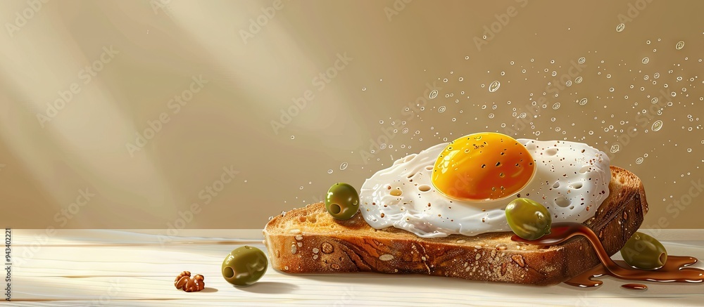 Poster An enticing image of a fried egg on toast with a variety of spreads including olives and jam set against a plain background with ample space for text