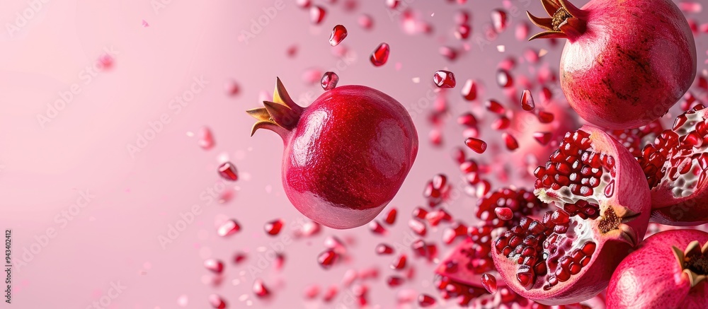 Aufkleber pomegranates with seeds flying in the air against a lilac background with copy space image