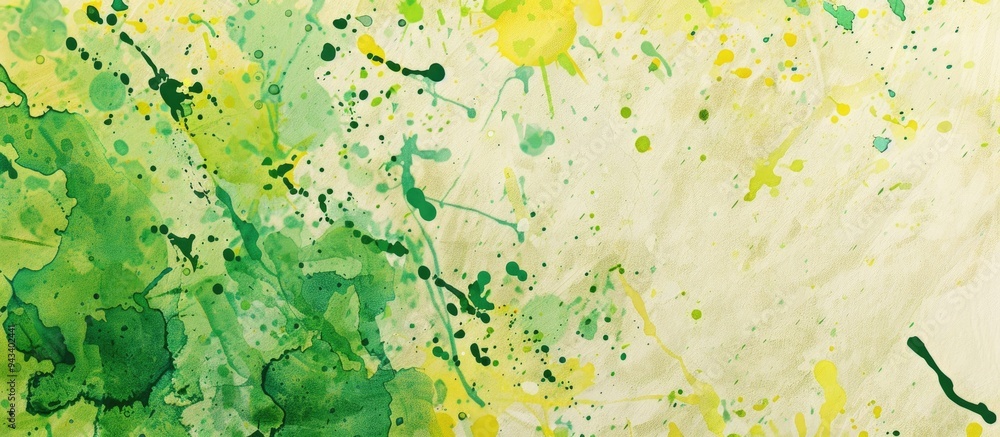 Aufkleber Colorful green and yellow stains on retro paper with a splatter pattern creating a vibrant backdrop for a copy space image