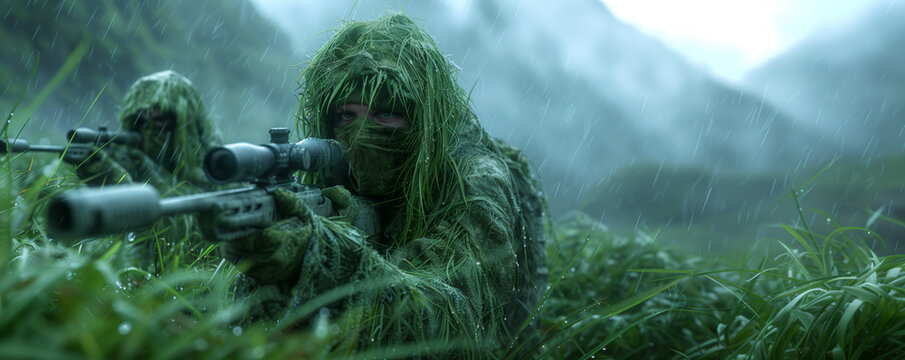 Stealthy snipers on a mission in the rain, camouflaged in ghillie suits, poised for action in a lush, green mountainous terrain
