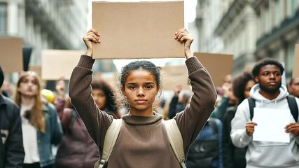 young woman stands in a crowd during a demonstration, holding up a blank cardboard sign as a mockup for messages, her determined expression highlighting the power and potential of her message