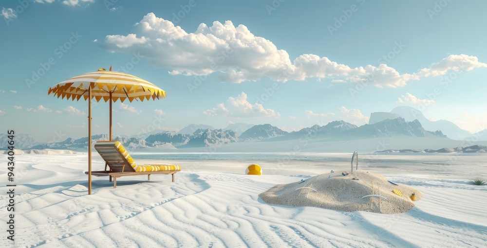 Wall mural beach umbrella with chairs on the sand. summer vacation concept. 3d rendering