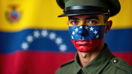 Soldiers with the Venezuela flag painted on faces. Generative AI