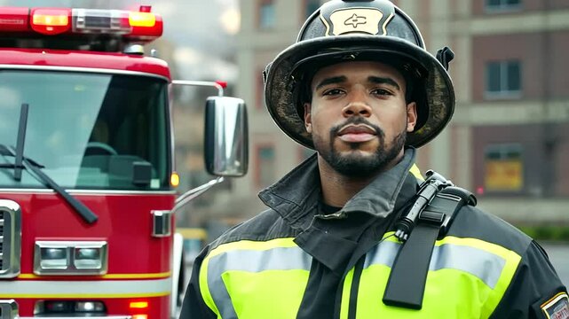 The firefighter is captured in a close-up portrait, with a fire truck positioned behind them, emphasizing their role and commitment to service against the backdrop of their essential equipment