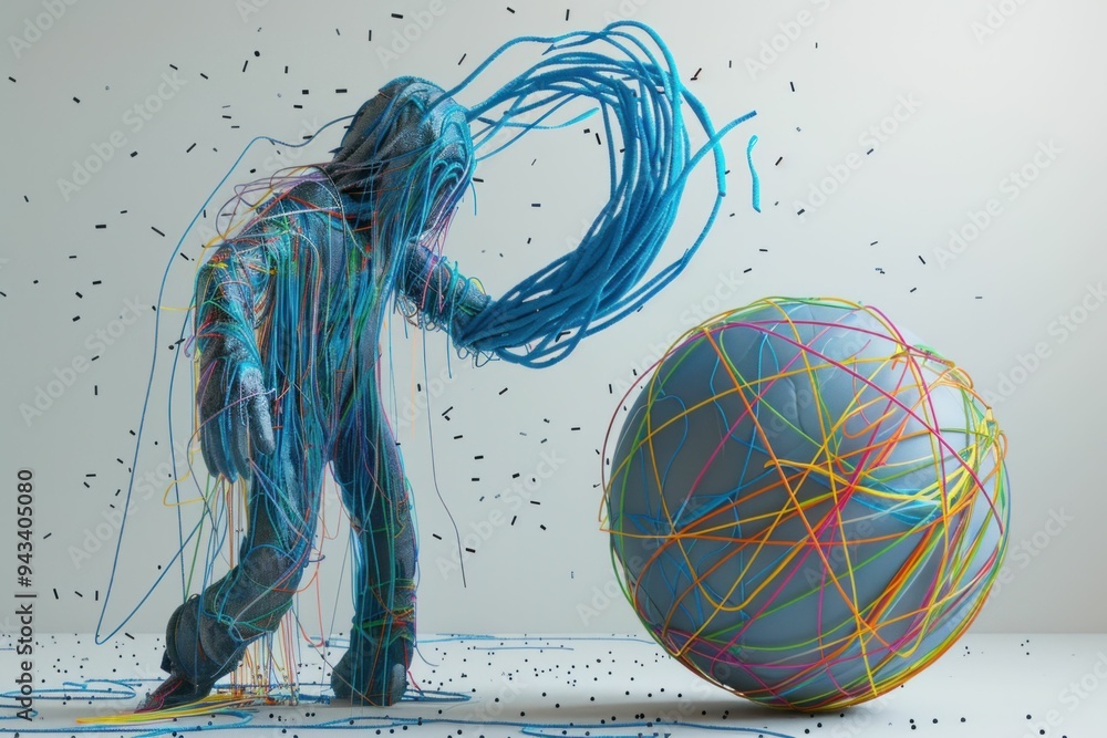 Poster abstract representation of a figure manipulating colorful wires around a ball in a minimalistic stud