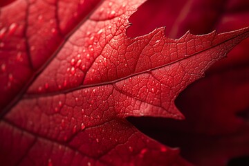 Fototapeta premium A close-up of a maple leaf turning bright red in the autumn, with intricate vein patterns visible