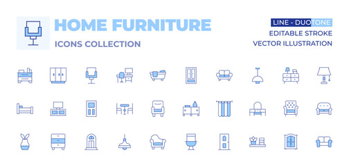 Home furniture icons collection. Line Duotone style, editable stroke. bed, cabinet, lamp, tv stand, door, chest of drawers, plant, armchair, dresser, dinner table, shelf, toilet, curtain