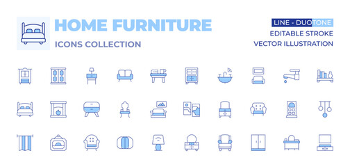 Home furniture icons collection. Line Duotone style, editable stroke. fireplace, picture, sofa, dresser, double bed, chair, closet, bedside table, curtain, armchair, dressing table.