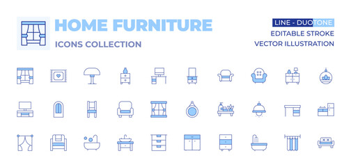 Home furniture icons collection. Line Duotone style, editable stroke. desk, bathroom, bathtub, ceiling lamp, chair, sink, tv table, curtain, drawer, sofa, house door, mirror, cupboard.