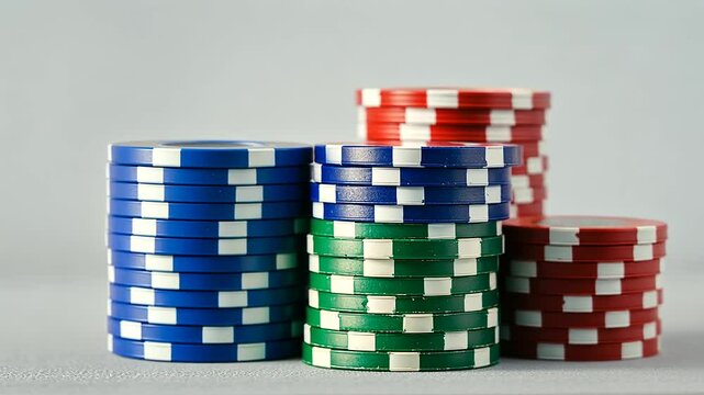 Stacks of poker chips in blue, red, and green are neatly arranged on an empty background, creating a colorful and visually appealing scene that embodies the gambling and casino-themed concept
