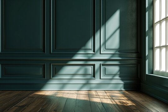 Luxury Interior Design: Blank Green Wall in Sunlit Room with Wooden Parquet. 3D Rendering