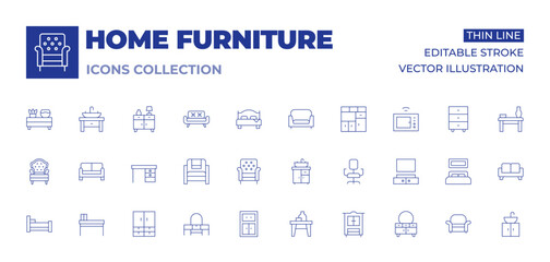 Home furniture icons collection. Thin Line icons, editable stroke. armchair, bed, cabinet, sink, sofa, table, closet, cupboard, desk, desk chair, dresser, home decor, home entertainment system