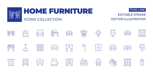 Home furniture icons collection. Thin Line icons, editable stroke. armchair, bedside table, cabinet, sofa, toaster, coffee table, commode, curtain, lamp, night stand