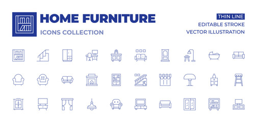 Home furniture icons collection. Thin Line icons, editable stroke. armchair, bookcase, cabinet, sofa, stairs, tv, couch, curtains, fireplace, lamp, window