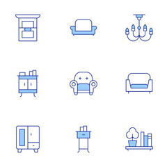 Home furniture icons set. Line Duotone style, editable stroke. armchair, sofa, chandelier, cupboard, wardrobe, nightstand, shelf, window