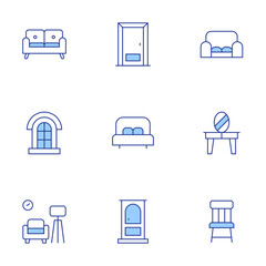 Home furniture icons set. Line Duotone style, editable stroke. door, window, sofa, double bed, wooden chair, dressing table