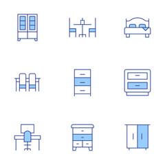 Home furniture icons set. Line Duotone style, editable stroke. drawers, table, cabinet, dinner table, bedside table, desk, cupboard, dresser, bed