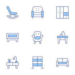 Home furniture icons set. Line Duotone style, editable stroke. sofa, rack, wardrobe, drawers, table, coffee table, armchair, rocking chair