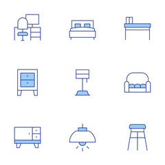 Home furniture icons set. Line Duotone style, editable stroke. table, furniture, stool, light, workplace, lamp, bed, night stand, sofa