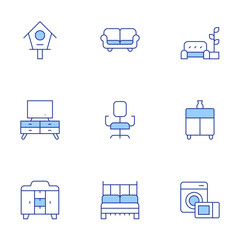 Home furniture icons set. Line Duotone style, editable stroke. tv table, couch, wardrobe, sideboard, bird house, desk chair, electronics, double bed, living room