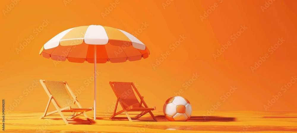 Wall mural two beach chairs with parasol on lush orange summer background , generative ai