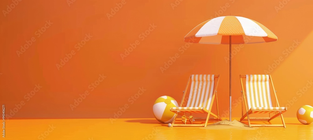 Canvas Prints two beach chairs with parasol on lush orange summer background , generative ai