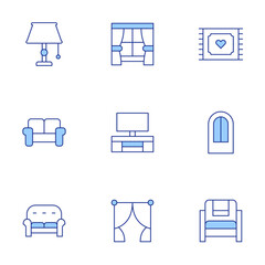 Home furniture icons set. Line Duotone style, editable stroke. window, rug, tv table, curtain, table lamp, house door, sofa, home decor