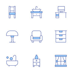 Home furniture icons set. Line Duotone style, editable stroke. workplace, bathtub, chair, sink, lamp, cabinet, curtain, drawer, sofa