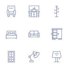 Home furniture icons set. Thin Line style, editable stroke. armchair, bed, cabinet, sink, sofa, table lamp, coat stand, cupboard, desk lamp