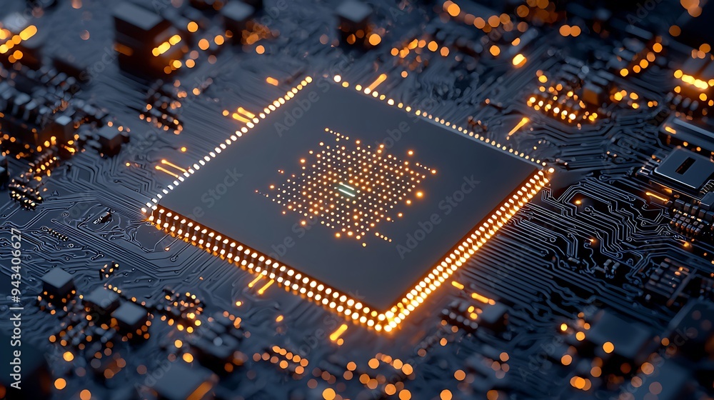 Aufkleber an illuminated cpu processor glows on a circuit board, radiating technological brilliance.