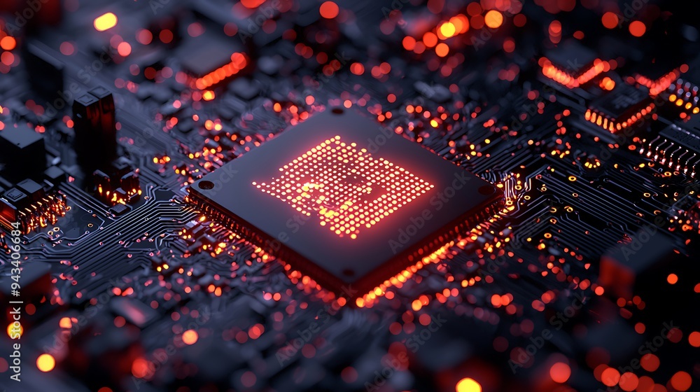 Poster a red led chip illuminates a circuit board, with glowing lines highlighting the intricate design.