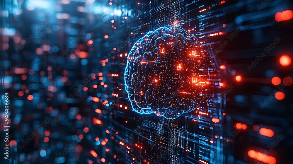 Poster an abstract digital brain represents the cutting-edge technology of artificial intelligence.