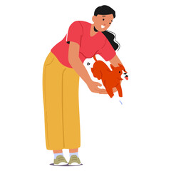 Happy Woman Training Her Dog, Demonstrating Communication And Companionship. Female Character Is Giving Jump Command