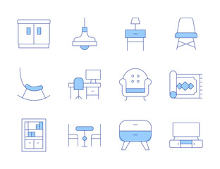 Home furniture icons. Line Duotone style, editable stroke. bookcase, lamp, office, rocking chair, dinner table, carpet, chair, bedside table, armchair, cabinet, tv