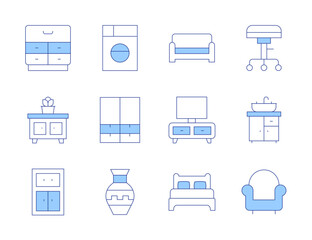 Home furniture icons. Line Duotone style, editable stroke. cabinet, couch, stool, wardrobe, washing machine, armchair, double bed, tv table, vase, sink
