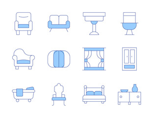 Home furniture icons. Line Duotone style, editable stroke. cabinet, coffee table, chair, bathtub, toilet, sofa, bean bag, double bed, window, armchair, wardrobe